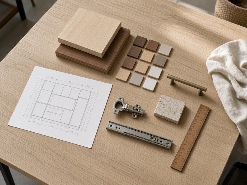 A design table with a kitchen drawing, veneer and laminate samples, a concealed hinge, a drawer channel, a brass handle and a stone chip