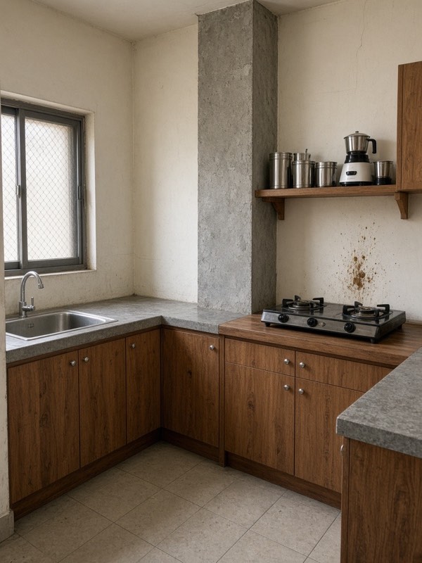A compact apartment kitchen where a concrete column interrupts a short run of teak cabinets