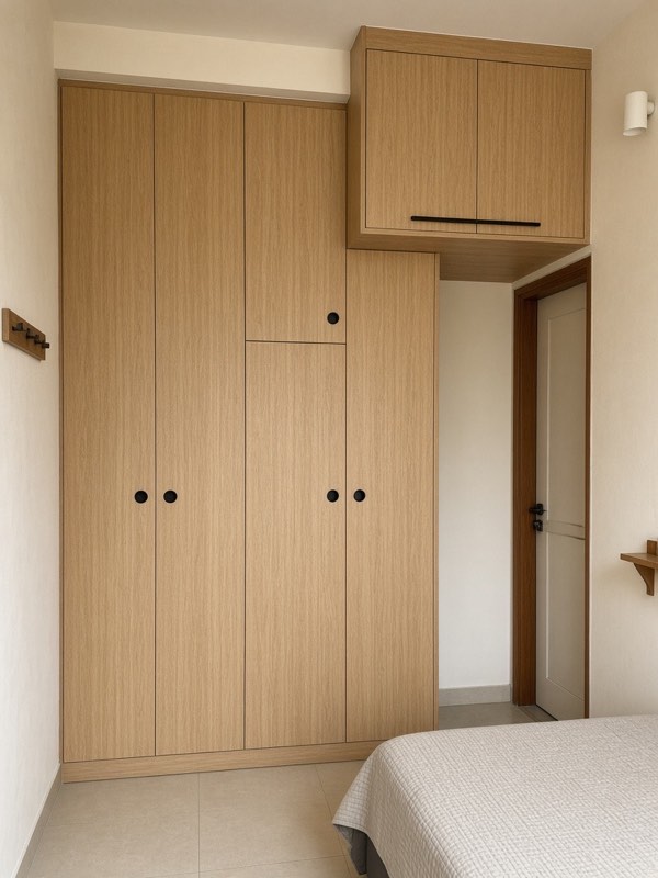A small bedroom with a floor-to-ceiling wardrobe using the full height of the wall