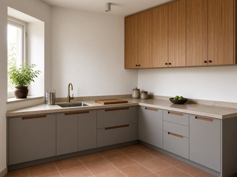 An L-shaped kitchen with grey lower cabinets, teak-veneer upper cabinets, a beige granite counter, and a window with a potted plant