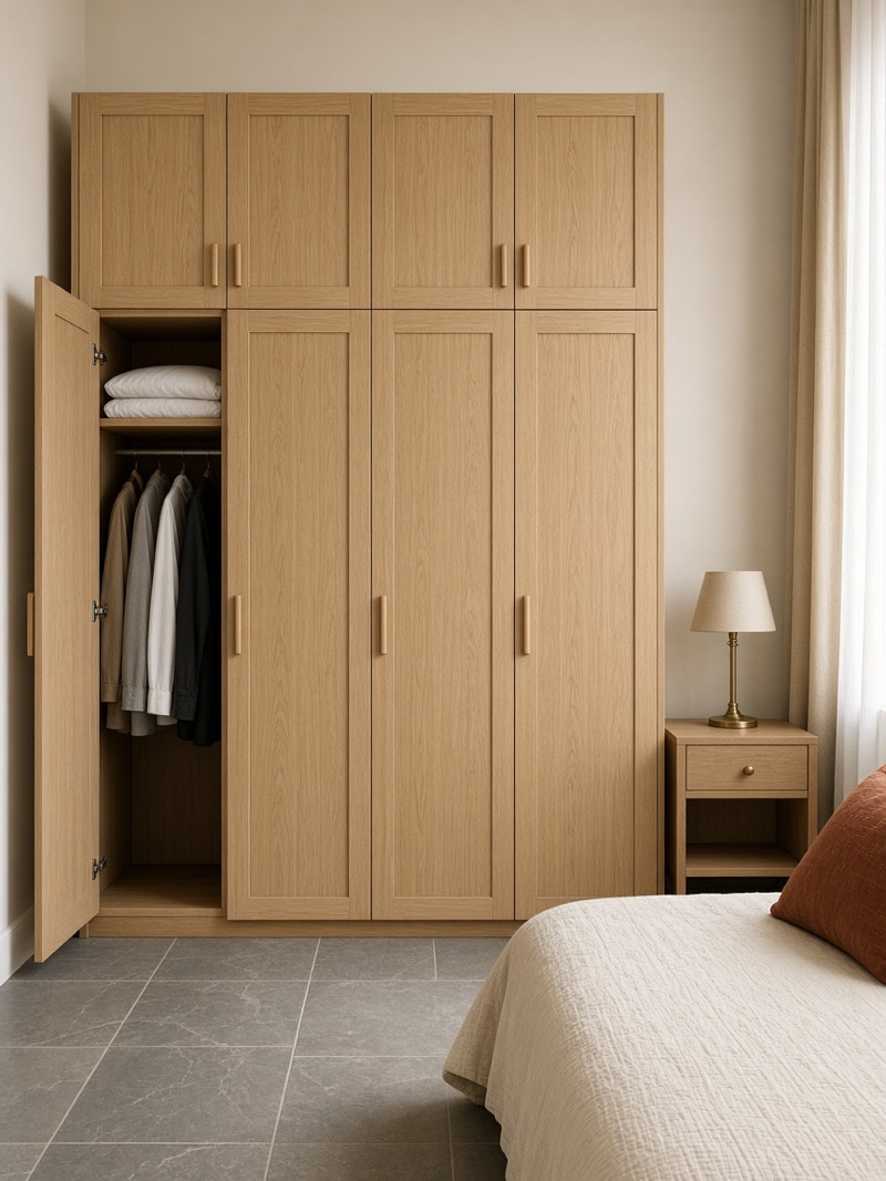 A floor-to-ceiling oak-veneer wardrobe with a loft above, one shutter open to hanging clothes, beside a bed with a handloom bedspread