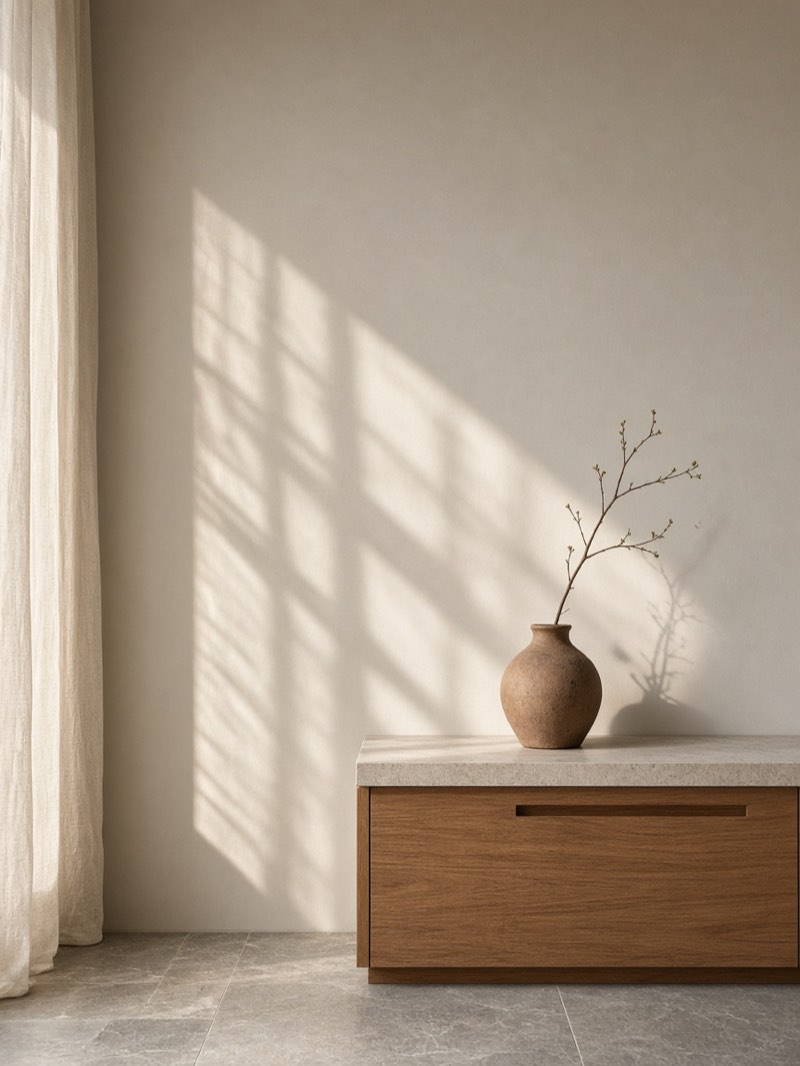 Afternoon light through a linen curtain onto a pale wall, above a low teak cabinet with a stone top and a clay vase