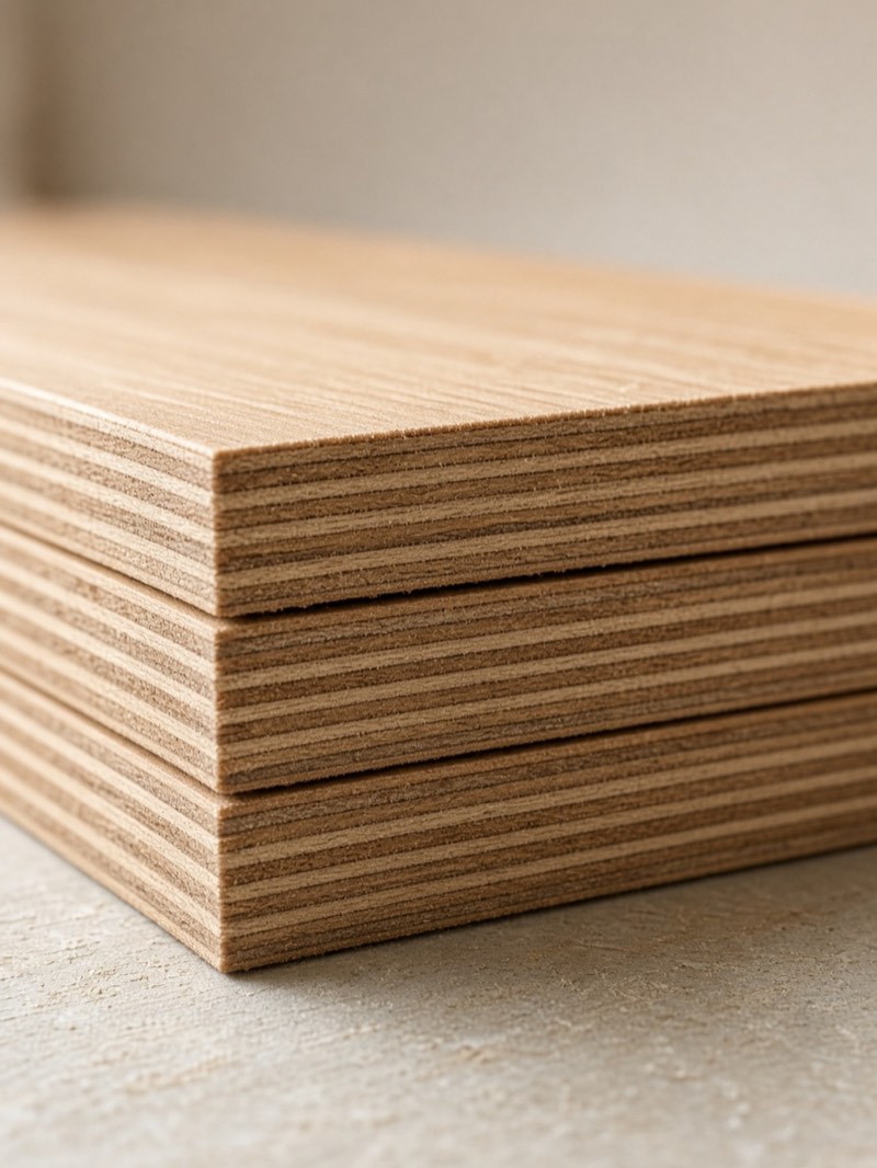 The cut edge of stacked plywood sheets, showing tight, even layers