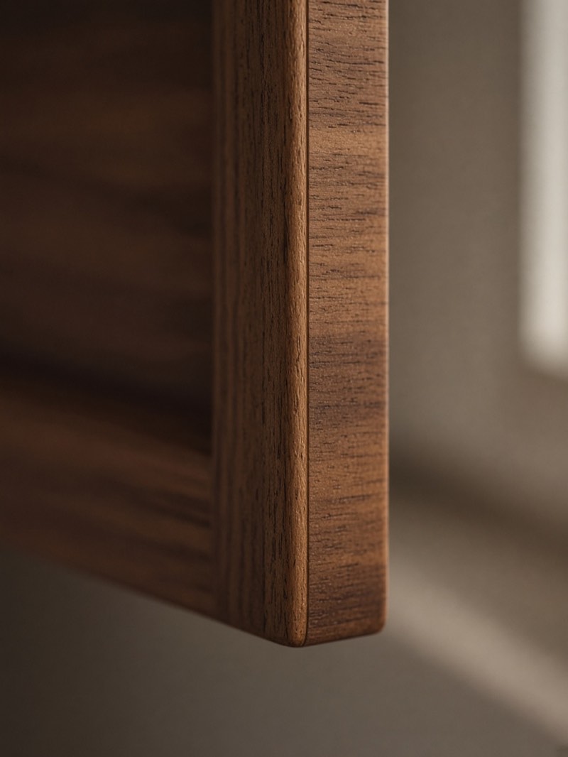 The edge of a walnut shutter, where the edge band meets the face with an almost invisible seam