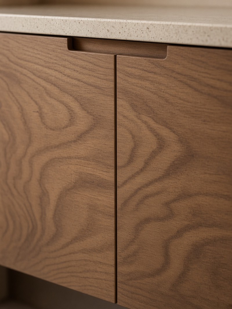 Two walnut veneer shutters with an even gap and a recessed finger pull beneath a stone counter
