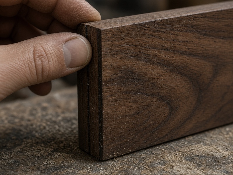 Fingers checking the seam where an edge band meets a walnut shutter