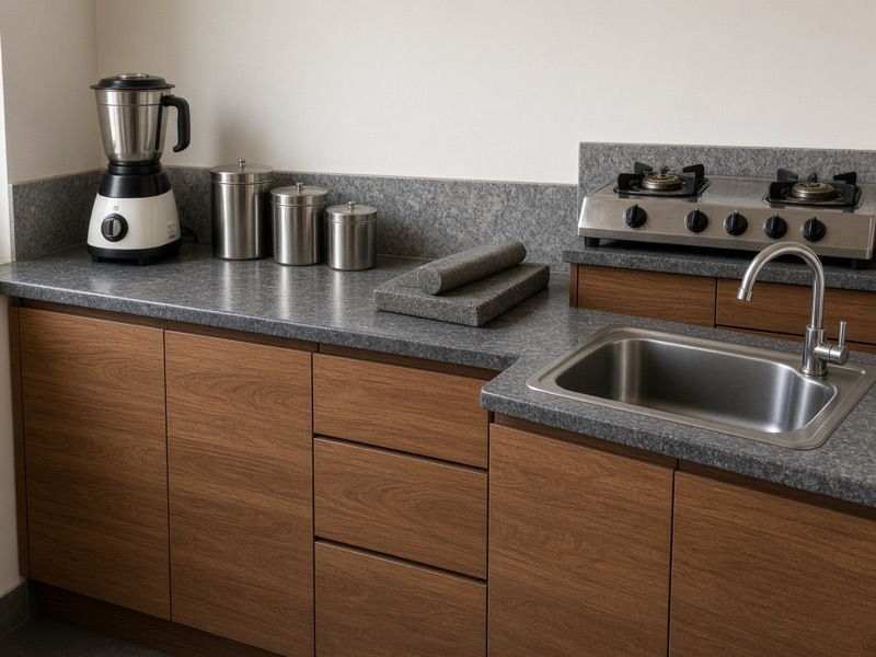 A compact kitchen counter with a mixer, steel dabbas and a two-burner hob