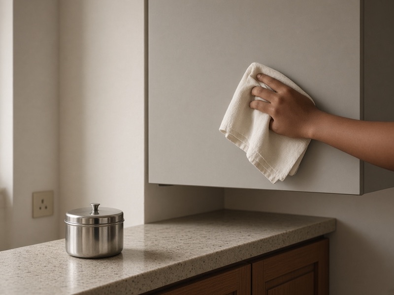A laminate kitchen shutter being wiped with a cloth beside a steel dabba