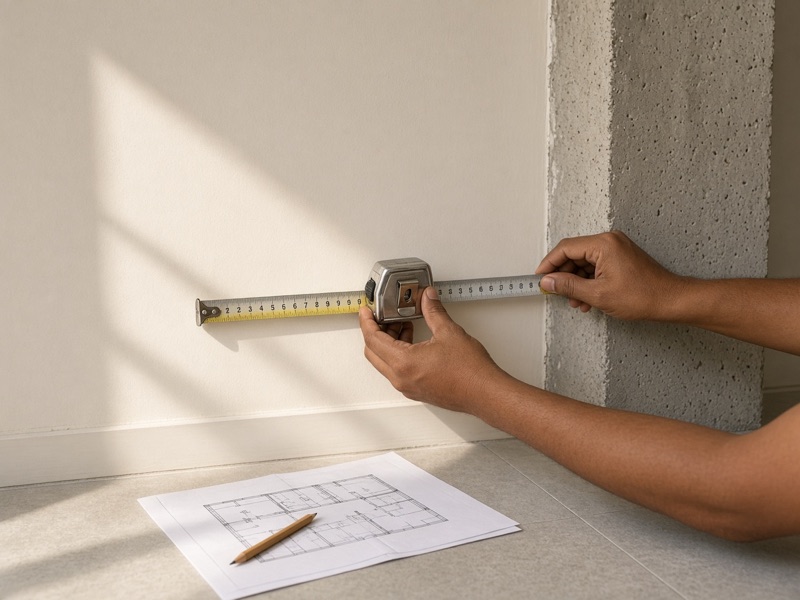 A tape measure held against a cream wall beside a concrete column