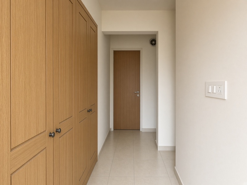 A narrow apartment passage with closed wardrobe shutters and a bathroom door ahead