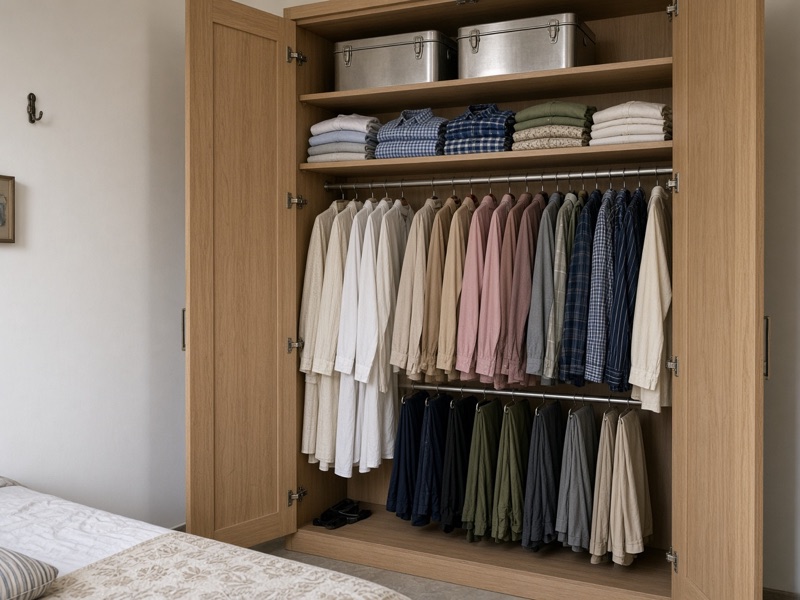 An open wardrobe with folded shirts, hanging clothes and steel boxes on a high shelf