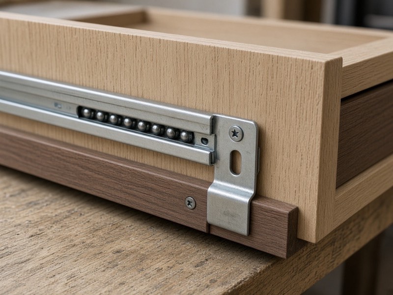A metal drawer channel fixed to the side of a pale oak cabinet