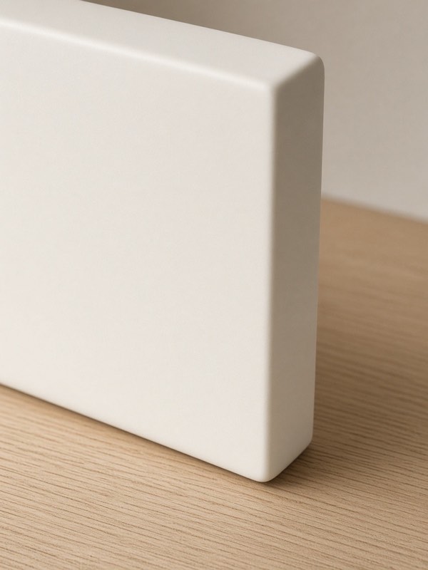 A smooth membrane-wrapped shutter corner on a pale table