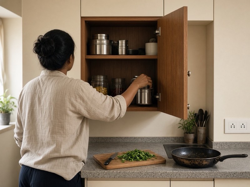 A person reaching into an open kitchen cabinet above a stone counter with a chopping board and a used pan