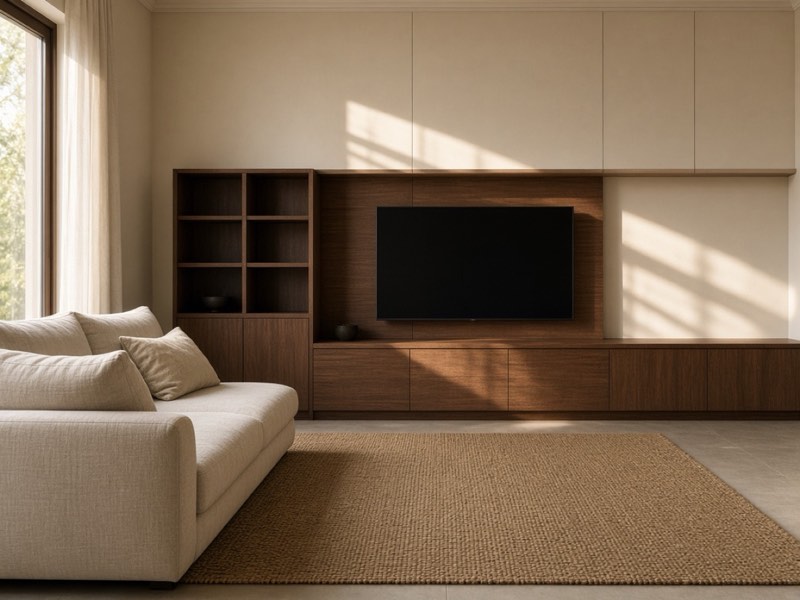 A quiet living room with closed walnut cabinets and a linen sofa, with nothing left out on the surfaces