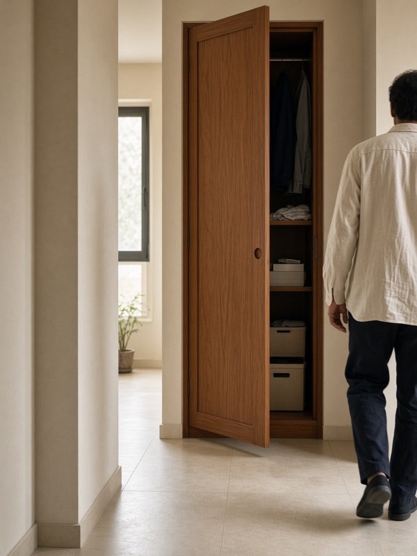 A person standing in a corridor beside an open wardrobe shutter that clears the walkway