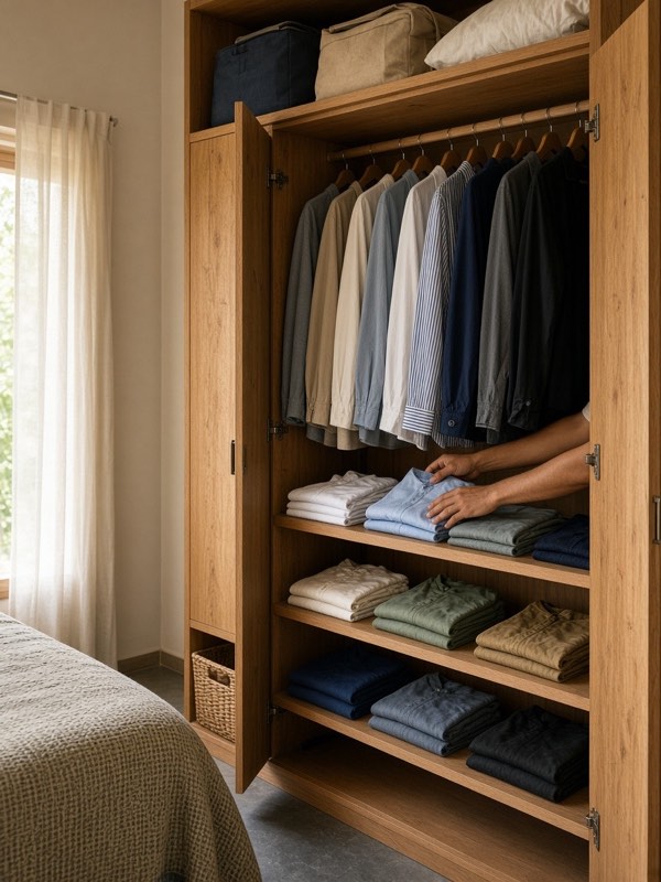 Hands placing folded shirts on a shelf in an open oak wardrobe