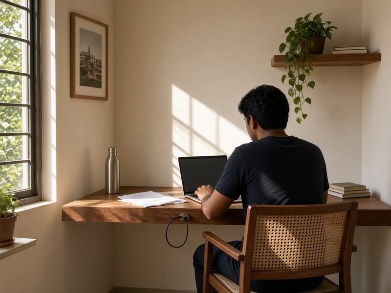 A person working at a wall-mounted desk with a laptop, a charger and a few papers