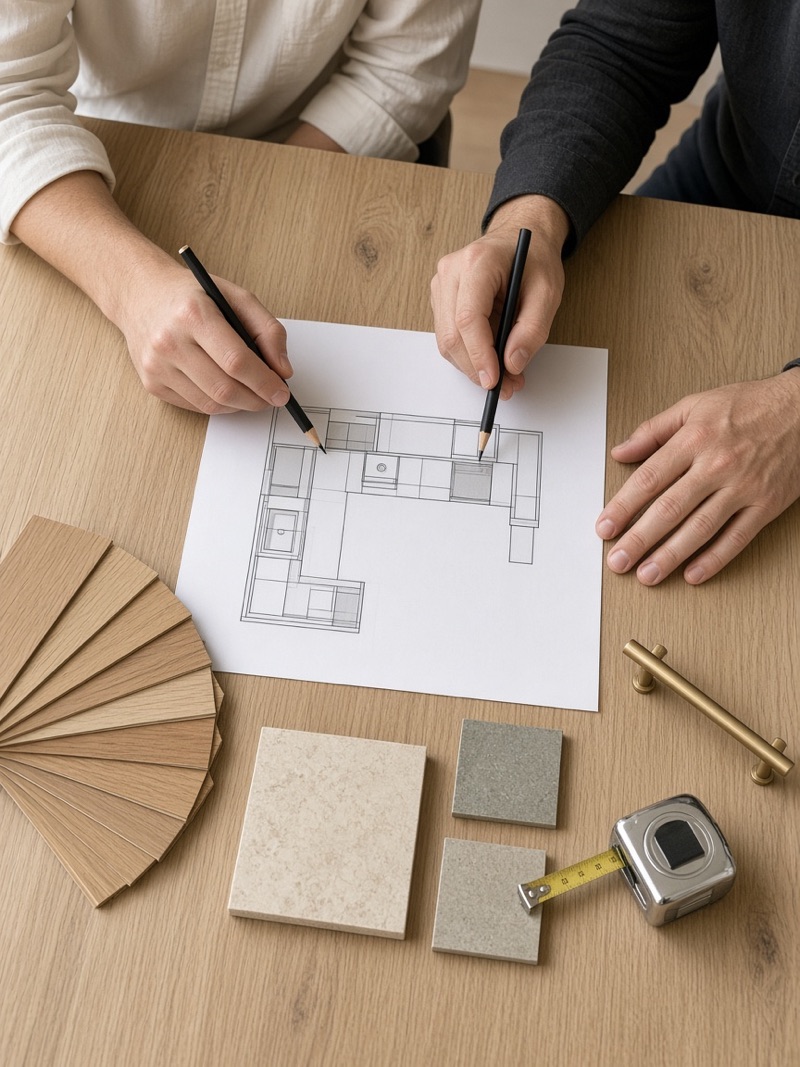 Hands marking a printed kitchen plan beside walnut and teak veneer samples, a stone sample, and a brass handle