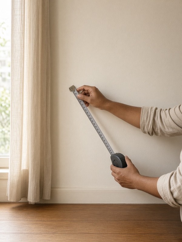 Hands holding a steel tape measure against a cream wall beside a window, in morning light