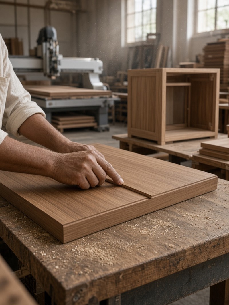 A craftsman running a finger along the edge of a veneered panel in a workshop, with a cutting machine and a cabinet carcass behind