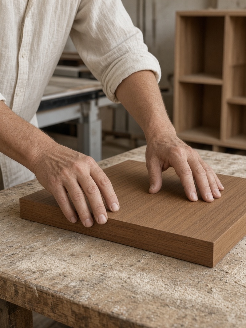 A craftsman running a finger along the edge of a veneered panel in a workshop, with a cutting machine and a cabinet carcass behind